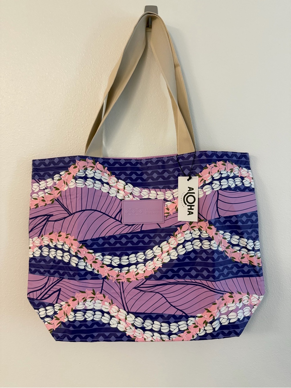 ALOHA Collection Purple & Pink Wave Floral Tote with Beige Straps
